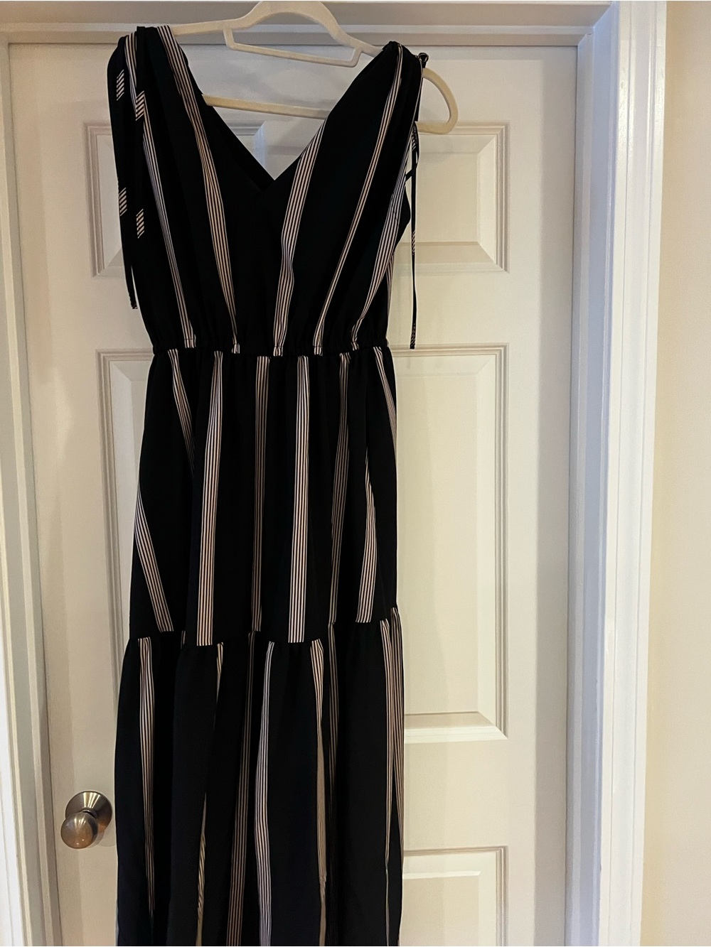 Calvin Klein Black Maxi Dress with Cream Vertical Stripes